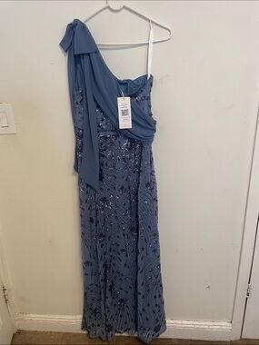 One-Shoulder Slate Blue Sequin Evening Dress